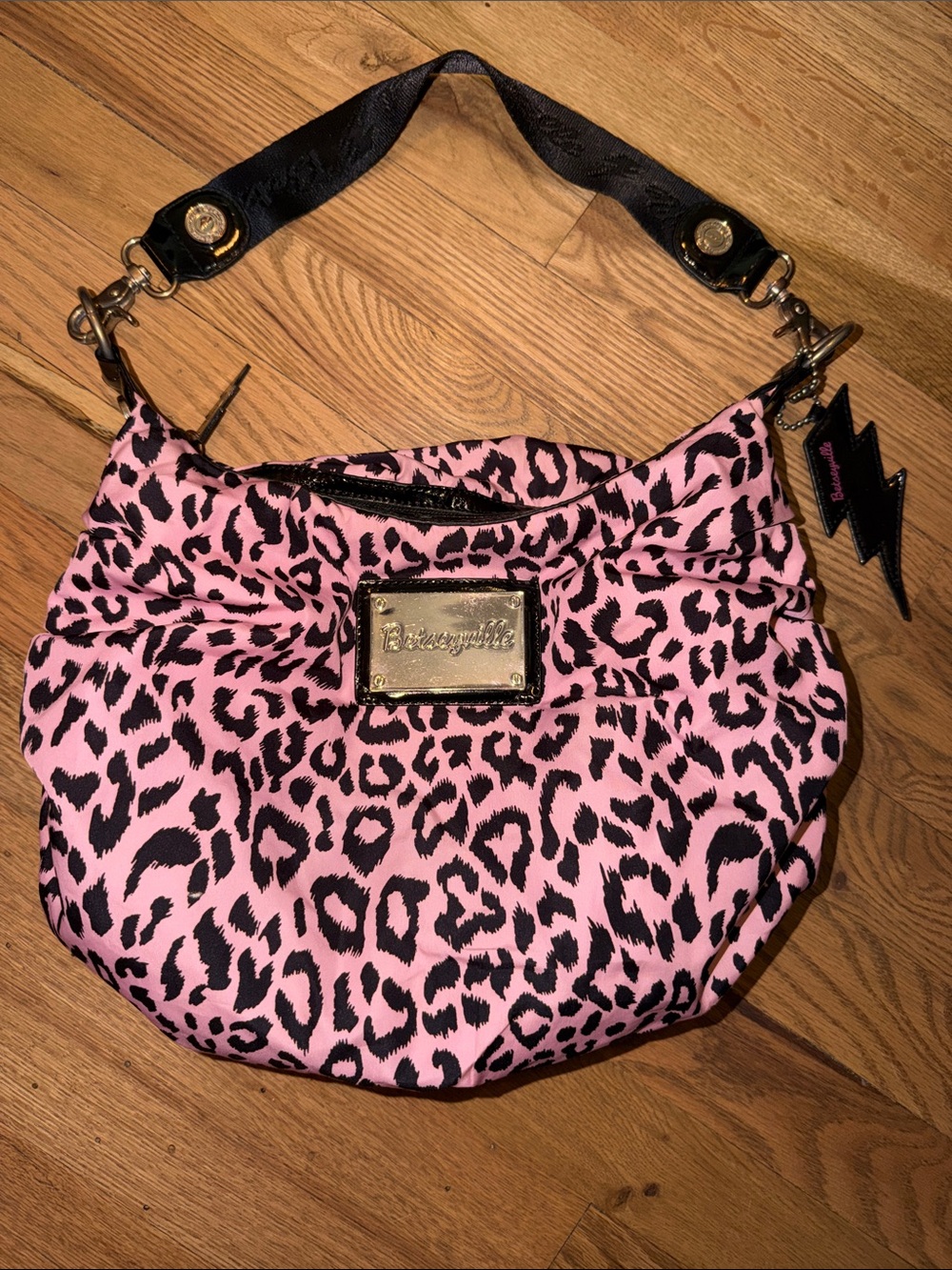 Betsey Johnson Pink and Black Leopard Shoulder Bag with Gold Plaque Vintage